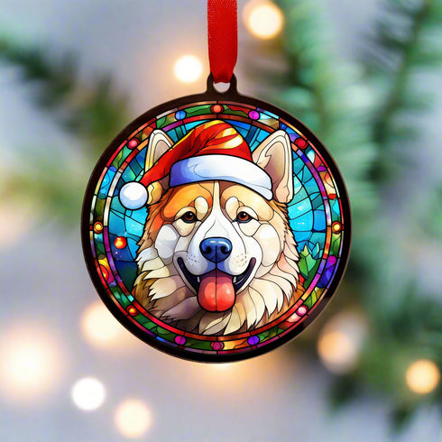 Akita in Santa Hat Suncatcher Decoration